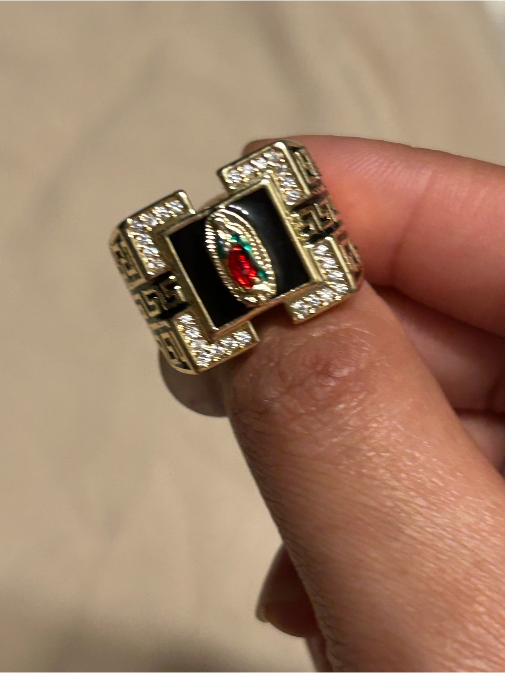 Gold-Tone Black Enamel Men’s Signet Ring with Red & Green Accent